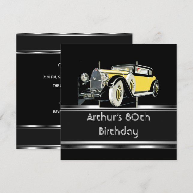 Invitación 80.º cumpleaños Black Vintage Car Mans (Anverso / Reverso)