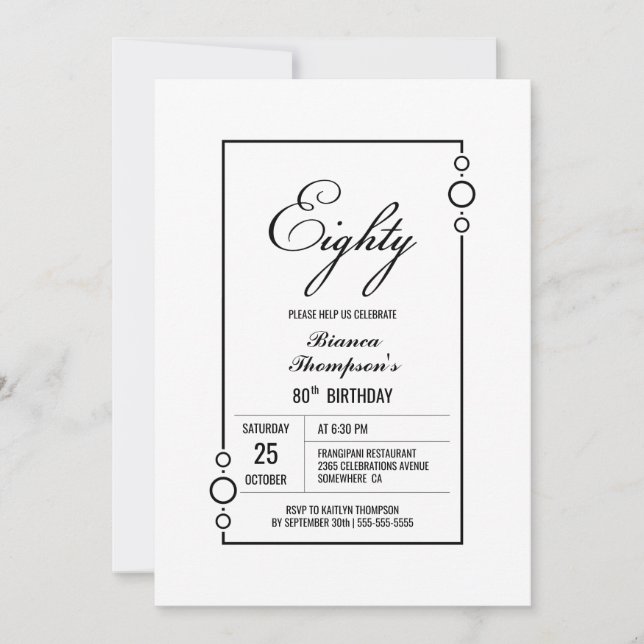 Invitación 80.º cumpleaños blanco con Fiesta de marco negro (Anverso)
