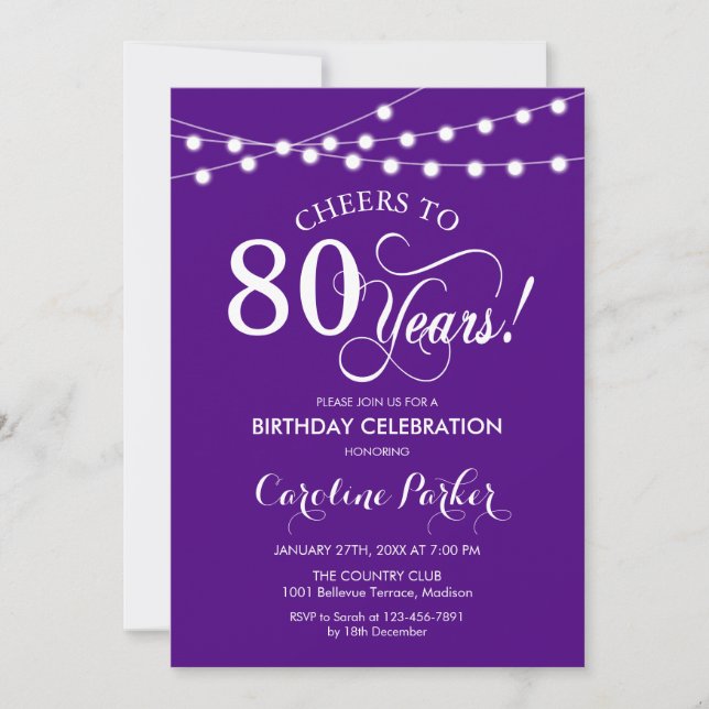 Invitación 80.º cumpleaños - Blanco morado (Anverso)