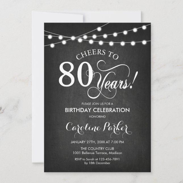 Invitación 80.º cumpleaños - Blanco negro de pizarra (Anverso)