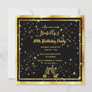 Invitación 80.º cumpleaños burbujas de oro negro