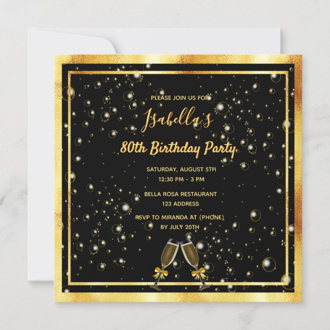 Invitación 80.º cumpleaños burbujas de oro negro (Anverso)