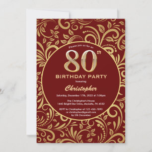 Invitación 80.º cumpleaños Burgundy Red y Patrón Floral de Or