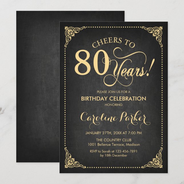 Invitación 80.º cumpleaños - Chalkboard Gold (Anverso / Reverso)