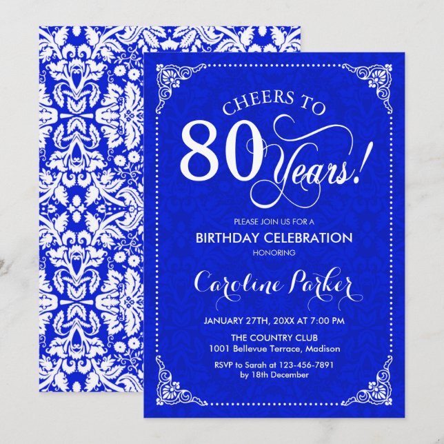 Invitación 80.º cumpleaños - Damasco blanco azul real (Anverso / Reverso)