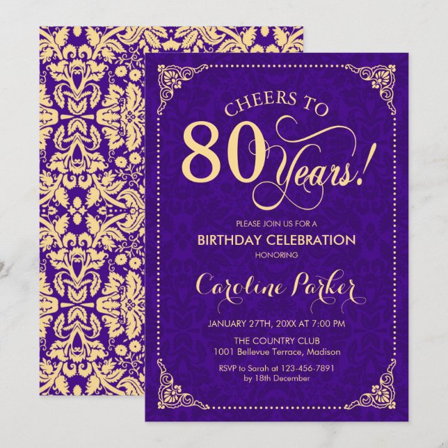 Invitación 80.º cumpleaños - Damasco de oro púrpura (Anverso / Reverso)