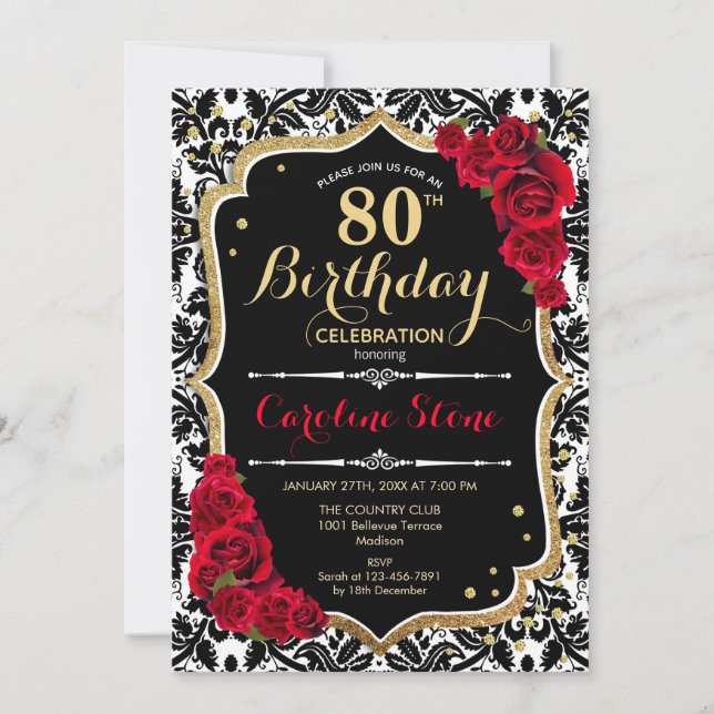 Invitación 80.º cumpleaños - Damasco negro de oro de rosas ro (Anverso)