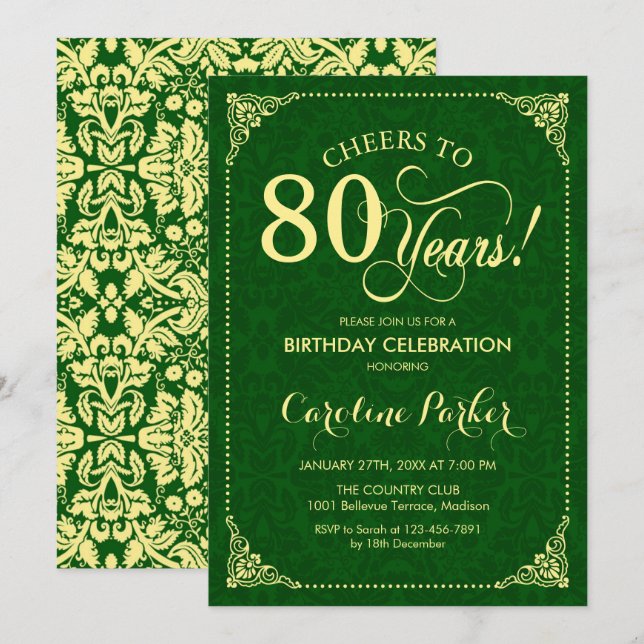 Invitación 80.º cumpleaños - Damasco verde de oro (Anverso / Reverso)