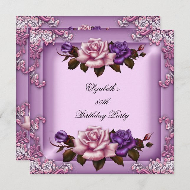 Invitación 80.º cumpleaños de Rosas Púrpura Elegantes Lilac (Anverso / Reverso)