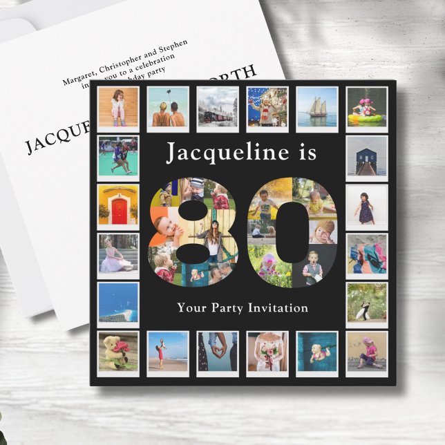 Invitación 80.º cumpleaños Diseñar tu propio Collage de fotos (Personalized 80th birthday invitations with photo collage template.)