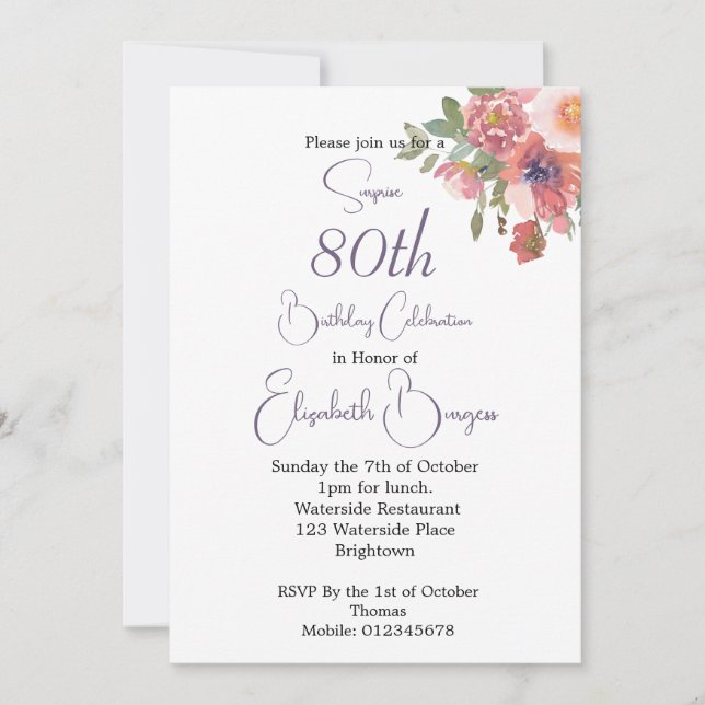 Invitación 80.º cumpleaños Dorado Floral Rosa Elegante (Anverso)