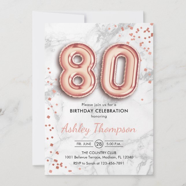 Invitación 80.º cumpleaños - Efecto de mármol de los globos d (Anverso)