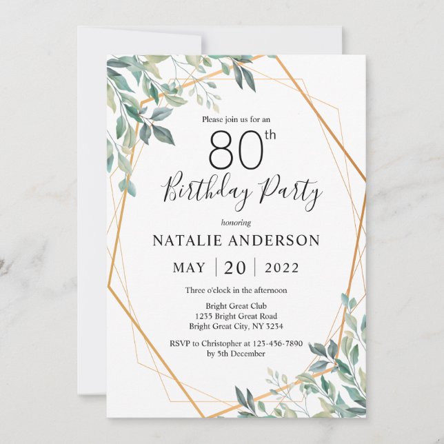 Invitación 80.º Cumpleaños Elegante Eucalipto Verdor y Oro (Anverso)