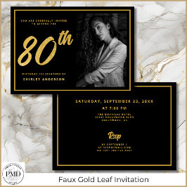 Invitación 80.º cumpleaños elegante foto Black Faux Gold Leaf