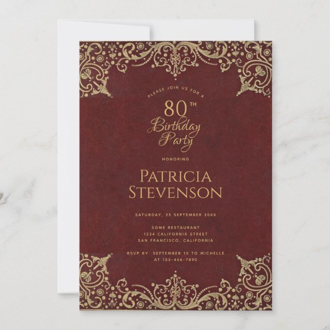Invitación 80.º cumpleaños elegante guión de oro de Borgoña (Anverso)