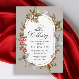 Invitación 80.º cumpleaños Elegante Holly y Berry Botanical