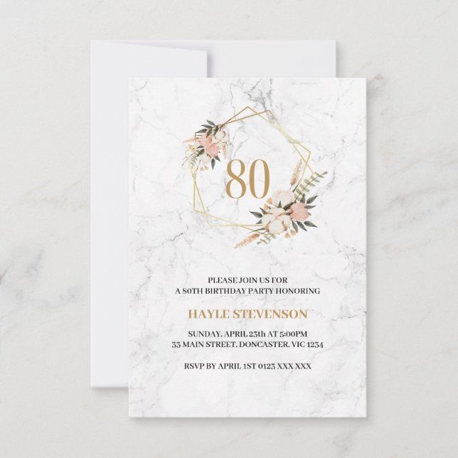 Invitación 80.º cumpleaños elegante Mármol Blanco Floral Rosa (Anverso)