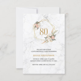 Invitación 80.º cumpleaños elegante Mármol Blanco Floral Rosa
