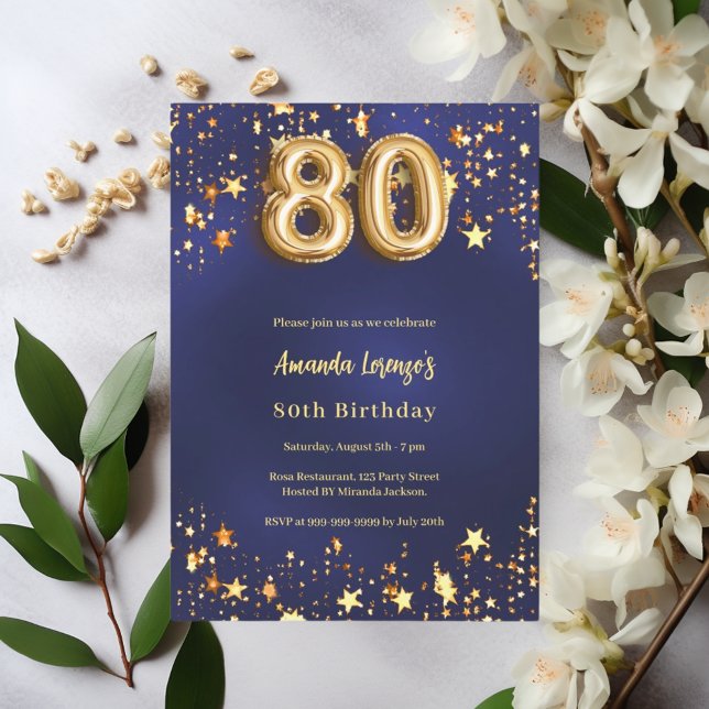 Invitación 80.º cumpleaños estrellas de oro azul marino (Subido por el creador)