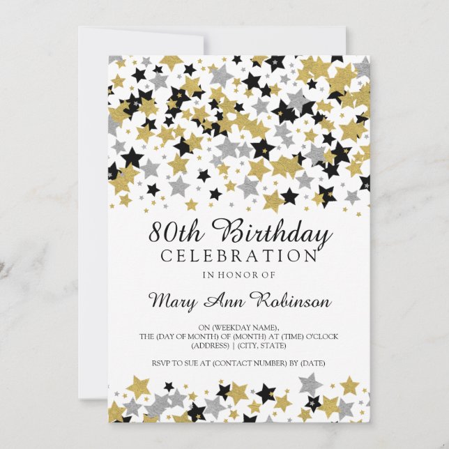 Invitación 80.º cumpleaños Estrellas Purpurinas Gold Silver (Anverso)