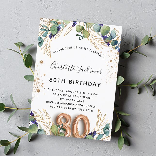 Invitación 80.º cumpleaños eucalipto verde purpurina elegante (Subido por el creador)