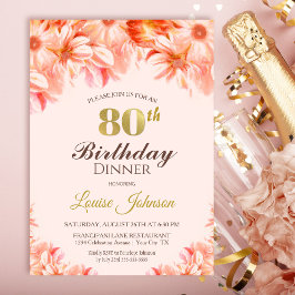 Invitación 80.º cumpleaños Fiesta de cena con flores de oro r