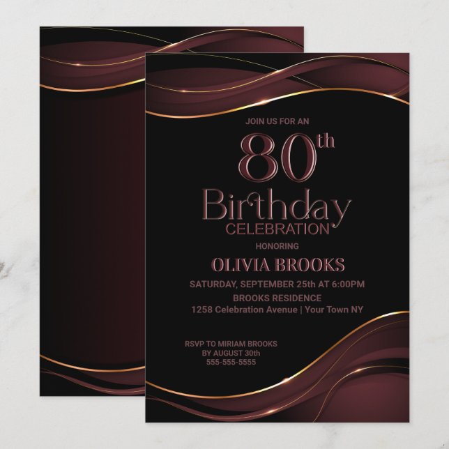 Invitación 80.º cumpleaños Fiesta rosado polvoriento negro (Anverso / Reverso)