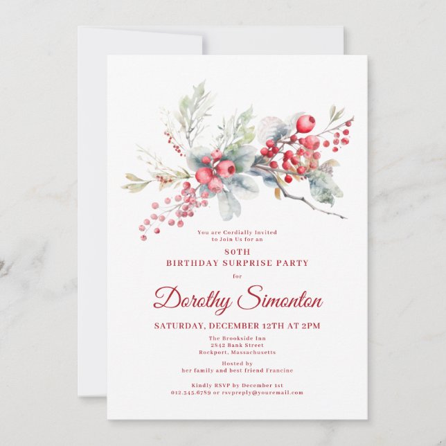Invitación 80.º cumpleaños Fiesta sorpresa verde Berry rojo (Anverso)
