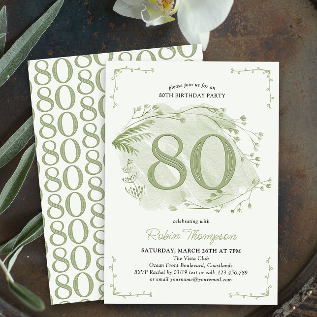 Invitación 80.º cumpleaños Flor salvaje de Dainty verde númer (80th Birthday Invitation - buy professionally printed or as digital download for printing or sharing)