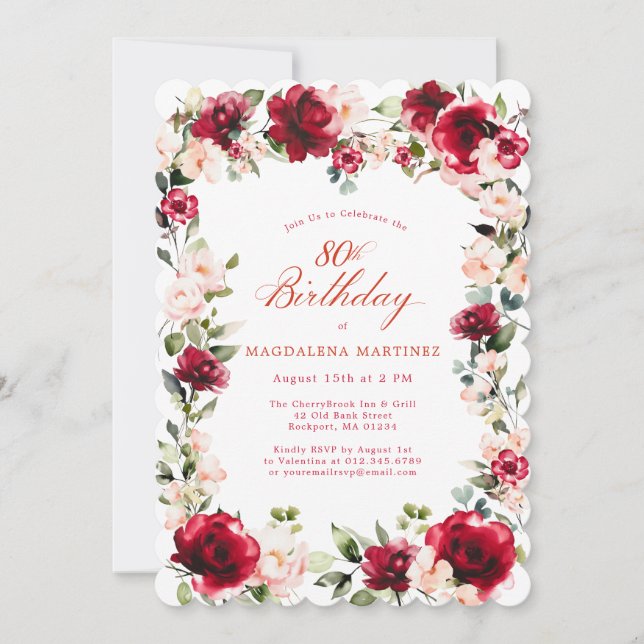 Invitación 80.º cumpleaños Floral de peonía rosa rosa rojo (Anverso)