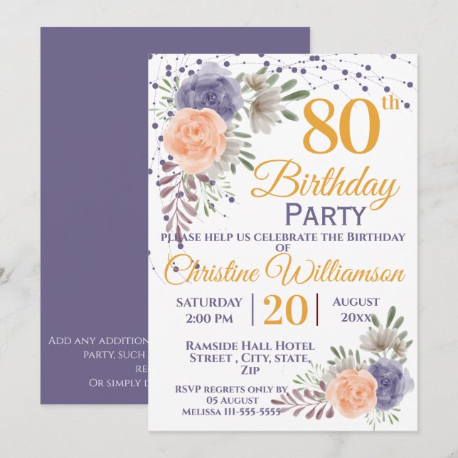 Invitación 80.º cumpleaños floral Peony Purple (Anverso / Reverso)