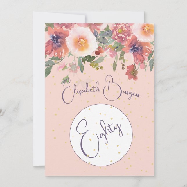 Invitación 80.º Cumpleaños Floral Rosa Elegante Cumpleaños (Reverso)