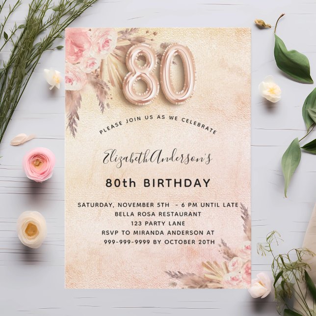 Invitación 80.º cumpleaños flores de rosa de pasto pampas (Subido por el creador)