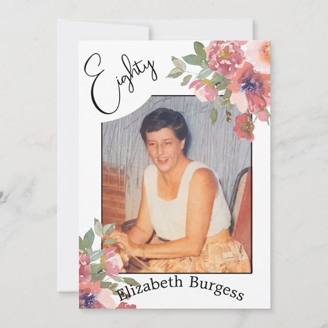 Invitación 80.º cumpleaños Foto Floral Elegante Cumpleaños (Reverso)