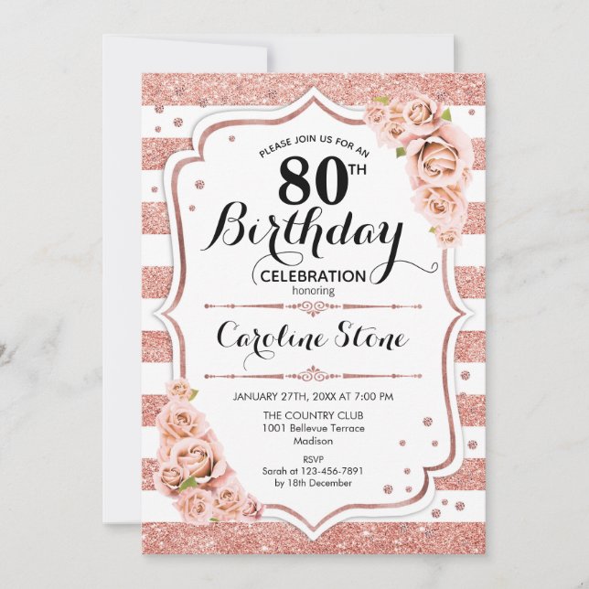 Invitación 80.º cumpleaños - franjas blancas de oro Rosa (Anverso)
