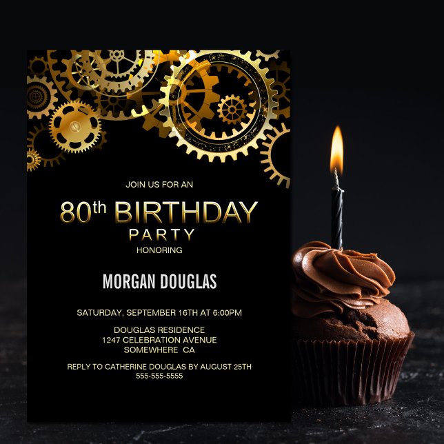 Invitación 80.º cumpleaños Gears Black Gold Steampunk Watch (Subido por el creador)
