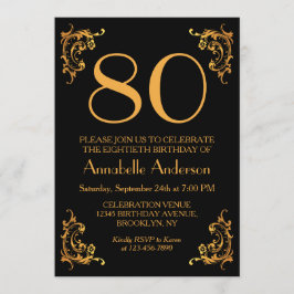 Invitación 80.º Cumpleaños Glam Modern Gold Black Vintage Ret