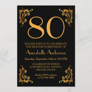 Invitación 80.º Cumpleaños Glam Modern Gold Black Vintage Ret