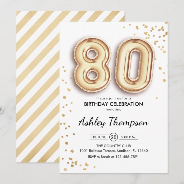 Invitación 80.º cumpleaños - Globos de oro (Anverso / Reverso)