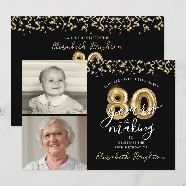 Invitación 80.º cumpleaños Globos de Oro Negro 2 fotos (Anverso / Reverso)