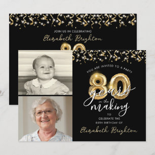 Invitación 80.º cumpleaños Globos de Oro Negro 2 fotos