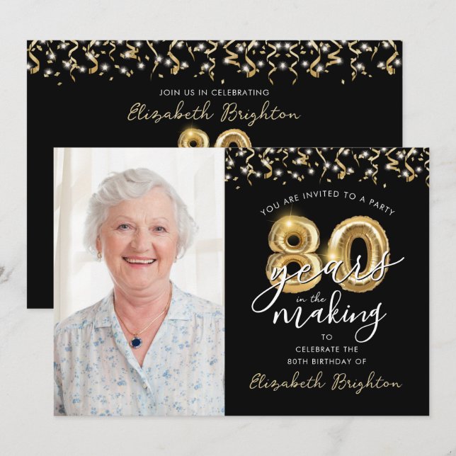Invitación 80.º cumpleaños Globos de Oro Negro Una foto (Anverso / Reverso)