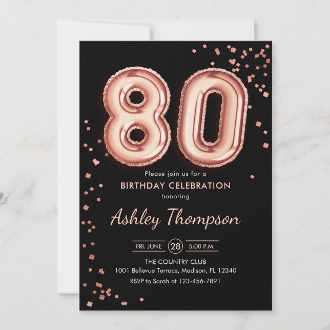 Invitación 80.º cumpleaños - Globos de oro Rosas Negro (Anverso)