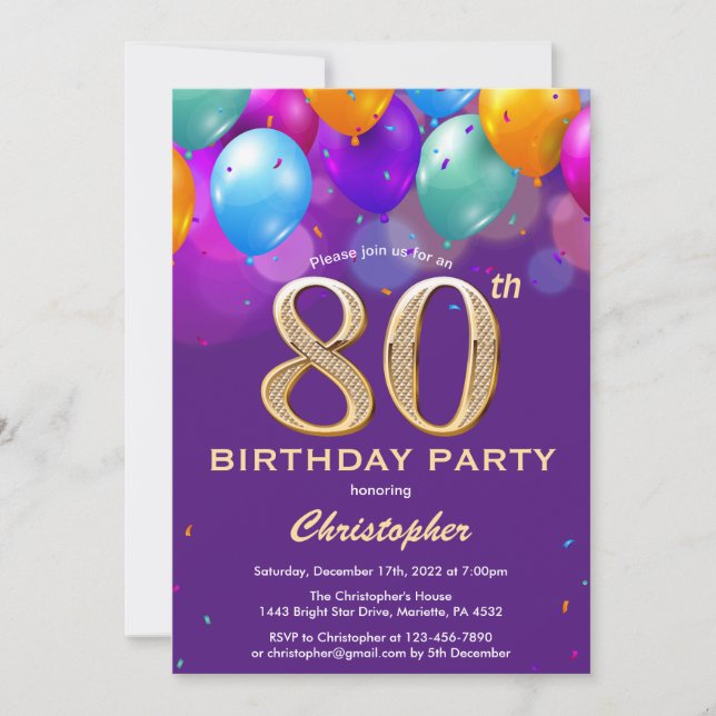Invitación 80.º cumpleaños, globos morados y dorados (Anverso)
