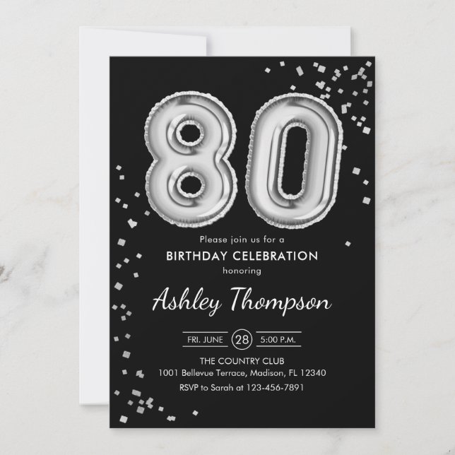 Invitación 80.º cumpleaños - Globos plateados Negro (Anverso)