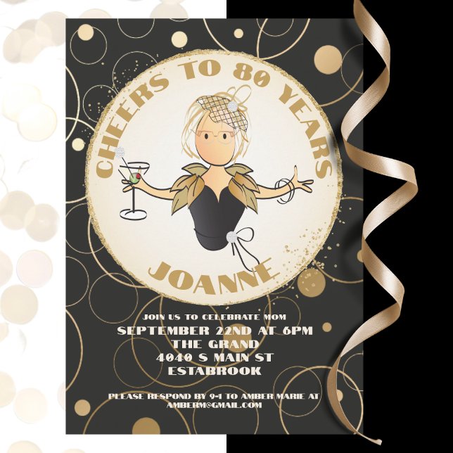 Invitación 80.º cumpleaños Gracioso de oro negro para su cump (Subido por el creador)