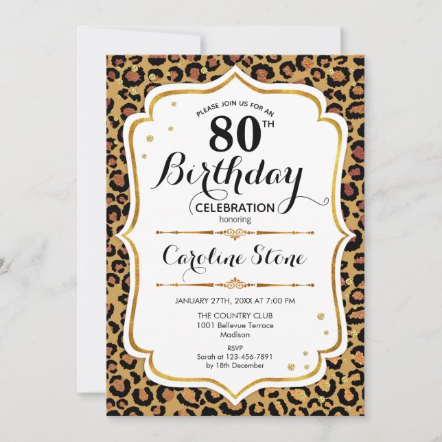 Invitación 80.º cumpleaños - Impresión de Leopardo de oro (Anverso)