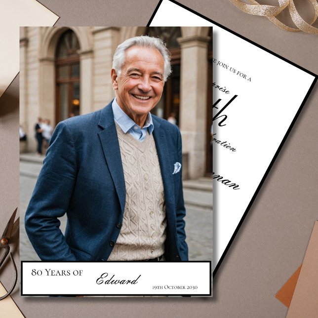 Invitación 80.º cumpleaños masculino elegante foto elegante (Subido por el creador)