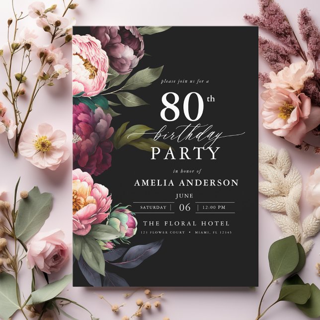 Invitación 80.º cumpleaños Moody Burgundy Rubor Floral (Subido por el creador)