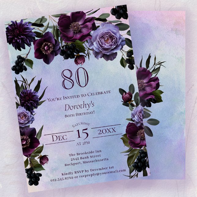 Invitación 80.º cumpleaños Moody Flor gótica morada (Subido por el creador)